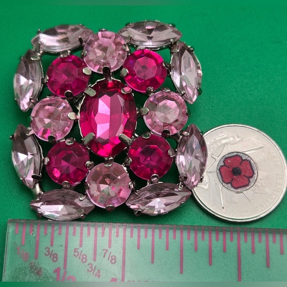 Pink Rose Raspberry Rhinestones Brooch Large Square Pin - Picture 5 of 8